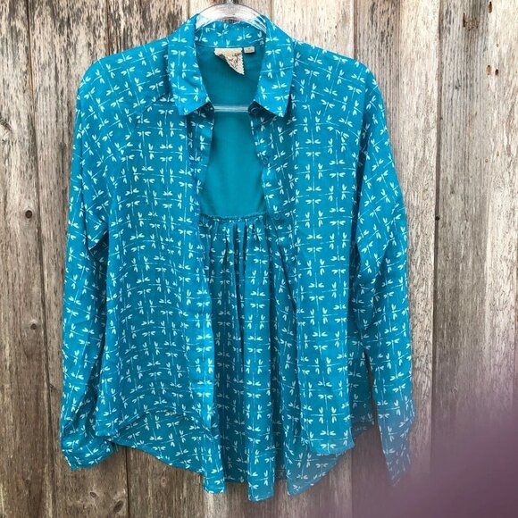 Vintage Pout Dragonfly Open Cutout Back Blue Button Down Blouse Top Medium - Picture 6 of 8
